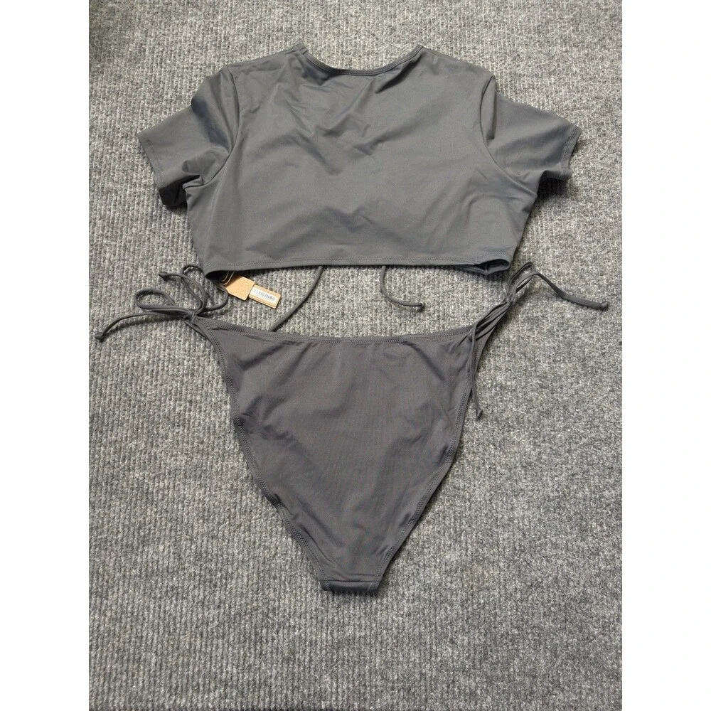 Skims Recycled Swim Set Size 4X T-Shirt Crop Top Bikini Bottom Gunmetal Gray NEW